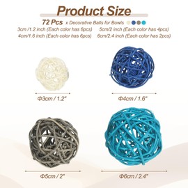 PATIKIL Wicker Rattan Balls, 72 Pcs Decorative Balls for Centerpiece Bowls Home Decor 4 Sizes(White/Deep Blue/Blue/Gray, 2.4",2",1.6",1.2")