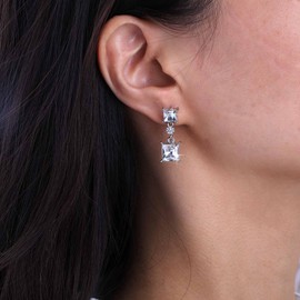 Cimenexe Bohemian Square Crystal Dangle Earrings Silver Circle CZ Drop Earrings Rhinestone Geometric Stud Earrings Crystal Square Circle Earrings Jewellery for Women and Girls, Zinc, No Gemstone