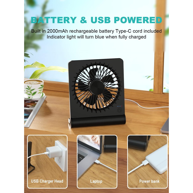 Tevelecin Small Desk Fan,Rechargeable USB Fan Battery Operated,Ultra Quiet, Strong