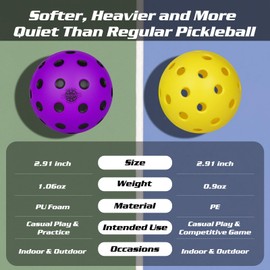 Amoswiz Silent Pickleball Balls, 6 Pack Purple Quiet Foam Ball Indoor Outdoor Noise Reducing Soft Pickleball Practice Balls with 40 Simulated Concave Holes