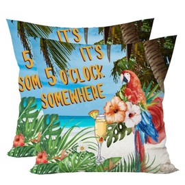 Soft Velvet Square Throw Pillow Cases 18 X 18 , Set of 2 It's Five O'clock Somewhere Parrot Decorative Pillow Covers Cushion Case for Farmhouse Home Decor