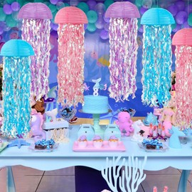 Jellyfish Paper Lanterns Hanging Jelly Fish Paper Lanterns, 6 Packs Pink Purple Blue Hanging Lantern for Mermaid Theme Party Under The Sea Ocean Birthday Decorations Baby Shower Baby Room -10 Inch