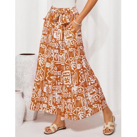 GRACE KARIN Womens Wide Leg Flowy Pants Casual 2025 Elastic Waist Loose Flowy Palazzo Beach Pants Trousers with Pockets Orange Floral XL