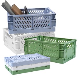 3 Pcs Plastic Folding Storage Crates, Collapsible Mini Storage Baskets, Stackable Storage Bins with Handles, Desktop Storage Stacking Basket Boxes for Office Kitchen Bathroom, 9.8*6.5*3.9 in