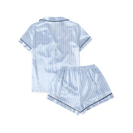 LYANER Women's Striped Silky Satin Pajamas Short Sleeve Top with Shorts Sleepwear PJ Set Light Blue Medium