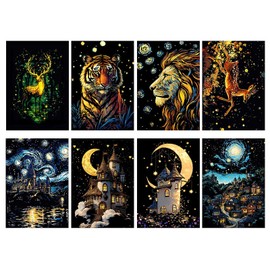Scratch Art Set of 8, 7.9 x 5.5 inches (20 x 14 cm), A5 Size, Luminous Scratch Art, Beautiful Art, Funny Coloring Books, Easy to Sharp, Scratch Art, Whale, Deer, Cat, Tiger, Parrot, Night Scene, DIY