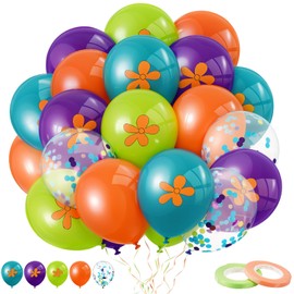 Civaner 63 Pcs Cartoon Dog Birthday Party Decorations 12 Inch Blue Orange Purple Green Latex Balloons Flower Print Transparent Balloons for Car Hippie or Dog Themed Birthday Party Supplies