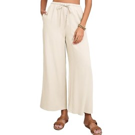 Fiona Jolin Womens Cotton Linen Pants Summer Casual Beach Pants Drawstring Flowy Wide Leg Palazzo Trousers with Pockets (Apricot-M)