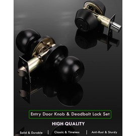 Brotima 4 Pack Keyed Alike Entry Door Knob and Dingle Cylinder Deadbolt Combination Set,Black Door Lock Set for Exterior/Front Door, Security Round Style Door Knobs Deadbolt