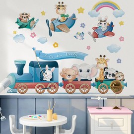 FUFUQUARE Cartoon Animal Train Wall Stickers Colorful Airplane Elephant Giraffe Rabbit Wall Art Decals Removable DIY Vinyl Decor for Baby Kids Bedroom Living Room