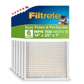 Filtrete 14x25x1 AC Furnace Air Filter, MPR 700, MERV 8, Tough on Pollen, Easy on Airflow, 3-Month Pleated 1-Inch Electrostatic Air Cleaning Filter, 6-Pack (Actual Size 13.81 x 24.81 x 0.81 in)