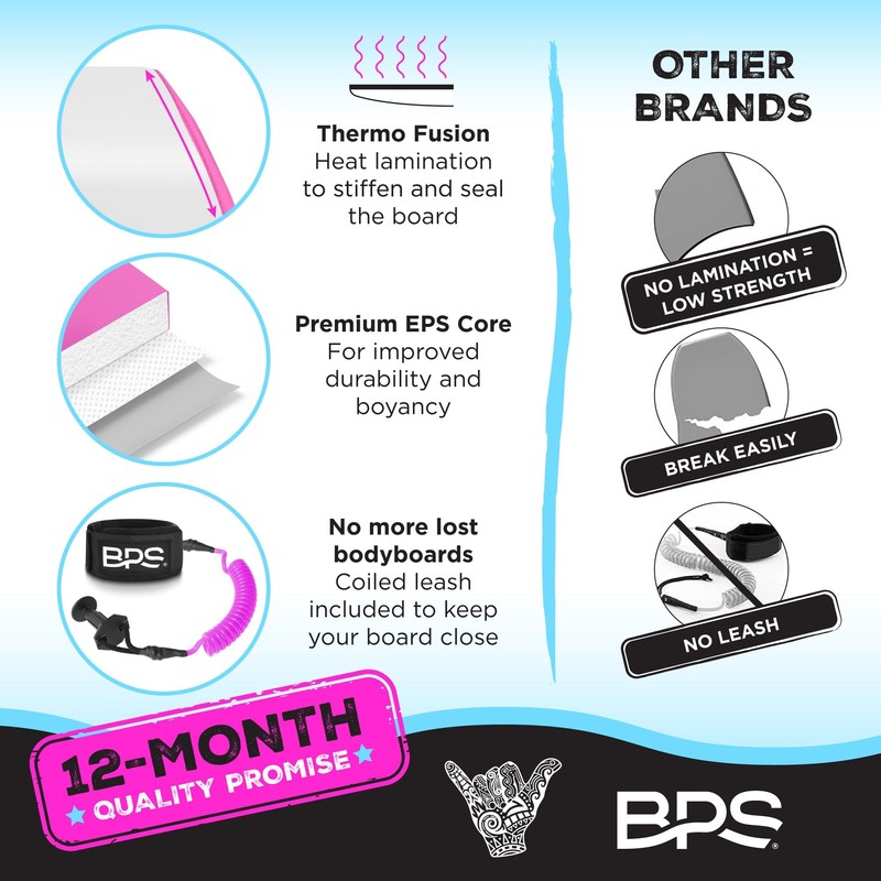 BPS 41" Adults Kids Body Board with Bicep Coiled Leash