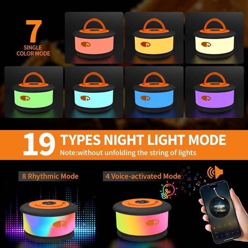 TOHETO Camping String Lights, 3 in 1 Upgraded Retractable RGB