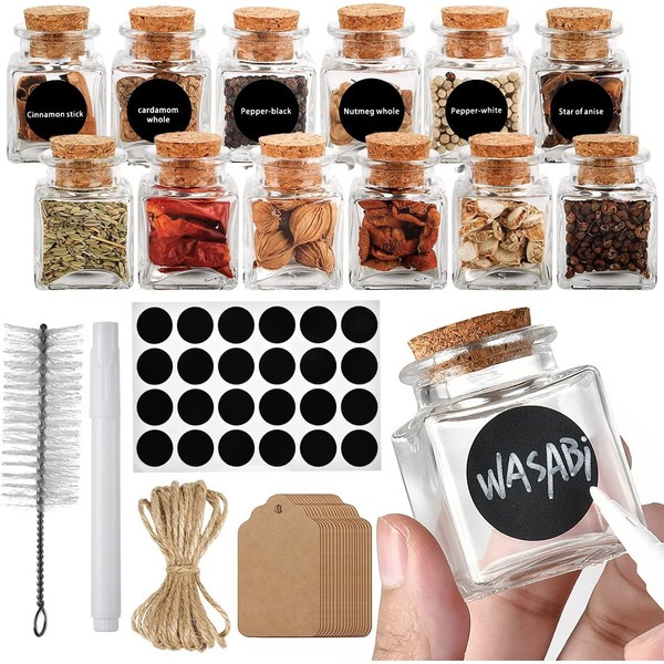 JUVEL 12 x Glass Honey Jars with Cork Lids - 50 ml, Supplied with White Pen, Brush, 2 Types of Labels and Twine, Glass Jar Cork Stopper for Spices, Herbs and Tea (12)