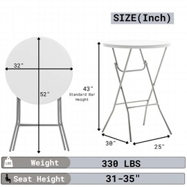 BTEXPERT White 2.63 Ft 32in Round Plastic Bar Height Folding Table 330lb Weight Capacity Indoor Outdoor Accessory for Patio Backyard Dining Wedding Standing Party Events Home, Thick Top Metal Frame