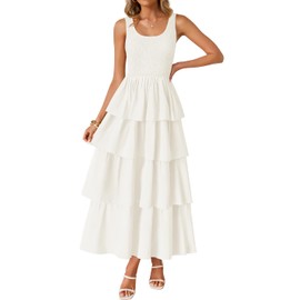 ZESICA Women's 2025 Summer Boho Sleeveless Midi Dress Scoop Neck Ruffle Tiered Layered Swing Long Beach Vacation Dresses,Ivory,Medium