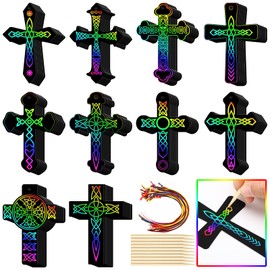 Scratch Cross Ornaments Magic Rainbow Color Craft Kit DIY Scratch Paper Christian Gifts for Kids Sunday School Crafts Kids' Paper Craft Kits for Girls Boys, with Wood Sticks and Ribbons (80)
