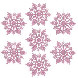 AMS 30ct 4''/100mm Plastic Glittered Snowflake Ornaments Sparkling Christmas Tree Decorations for Wedding,Thanksgiving,Party(Pink)