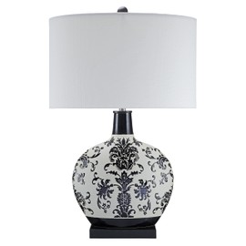 Aspen Creative 40255-09-1, 26" H Table Lamp Off White w/Flower Pattern Ceramic Body, Black Base, Size: 17" L x 9" W x 26" H, E26 Socket