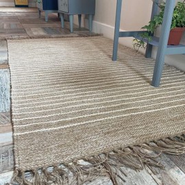 Second Nature Online - BEKAL Area Rug | Sand Beige and Off White Pin Stripe Weave of Cotton Jute Yarn | Hand Woven | Ethical Trade | Eco-Friendly (60 x 90 cm)