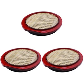 NOLITOY 3 Set Japanese Soba Noodle Plates with Bamboo Look Drain Mat Lacquered Sushi Serving Trays Round Soba Noodle Board Sushi Serving Plate(9.33inch)