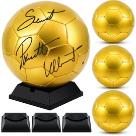 Hiboom 4 Pcs Gold Autograph Soccer Ball with Display Stand Air Pump for Trophies Anniversary High School College Coaching Gift Awards Championship Party(Size 3)