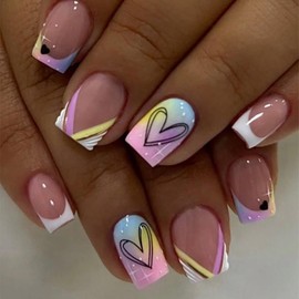 Valentine’s Day Press on Nails Short Square Fake Nails French Tip False Nails with Rainbow Heart Designs Cute Glue on Nails Nude Pink Stick on Nails Full Cover Acrylic Nails Glossy Artificial Nails
