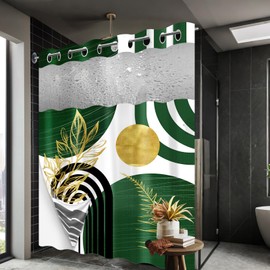 Olive Green and Gold Hookless Shower Curtain with Snap in Liner, Boho Mid Century No Hook Double Layer Shower Curtains and Liner Set, Waterproof Cloth Fabric, 71" W X 74" L