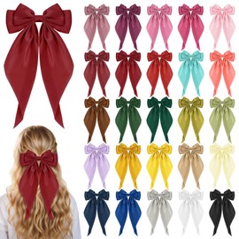 25 Pcs Hair Bows for Women, Solid Color Satin Bow Hair Clips Oversized Long Tail Ribbons Bow Knot Hair Barrettes with Alligator Clips, Valentine Hair Accessories for Girls
