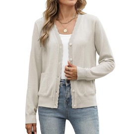 AGSEEM Cardigan for Women Long Sleeve V Neck Button Up Lightweight with Pockets Knit Open Front Sweaters Jacket, Apricot, Large