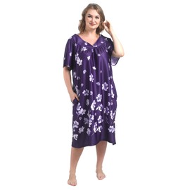 FEREMO Plus Size House Dress for Women Short Sleeve Mumu Dress Print Patio Nightgowns with Pockets, Purpleflower, 4X