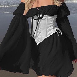 FDKLOOK Womens Black White Corset Dress 2 Piece Set Off Shoulder Bell Sleeve Irregular Colorblock Bustier Dress S