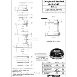 FSA NO.42-A Orbit C-40 Integrated 1-1/8Inches to 1.5Inches ID 42/52 mm Tapered Headset, Black, XTE1511