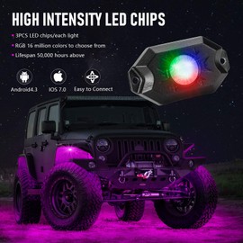 RGB LED Rock Lights Kit, YCHOW-TECH 4 Pods Underglow Multicolor Neon Light Pod with Bluetooth App Control High Bright Waterproof IP68 Wheel Well Light Flashing Music Mode for Truck ATV UTV RZR