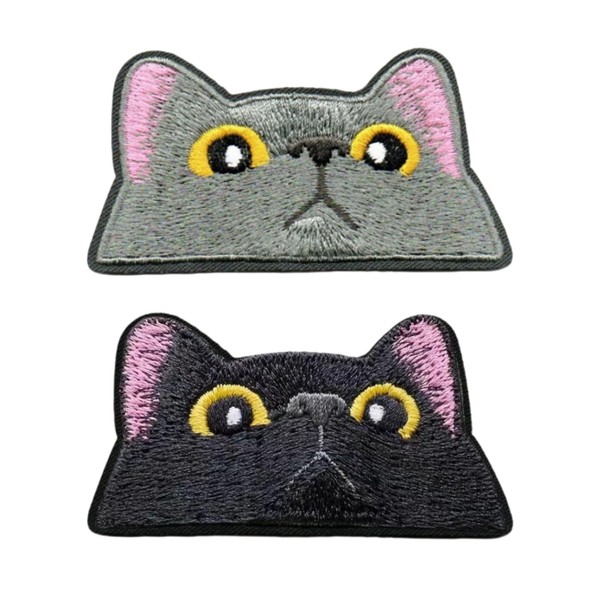 2 Kitten Embroidery Patches, Black Cat Iron-On Patches, Black Denim