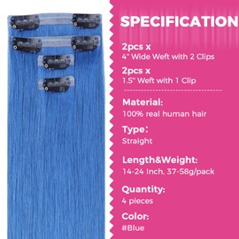 Lashey Seamless Clip in Hair Extensions Human Hair 58g 4pcs Blue Hair Extensions Real Human Hair with Invisi Edge 24 Inch Long Straight Hair Extensions for Women