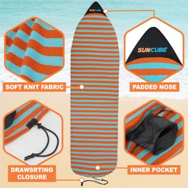 SUN CUBE Surfboard Sock Cover, Protective Surf Bag for Surfing Board, Light Stretchy Surfbag Sleeve for Funboard, Hybrid (7'0'', Black White)