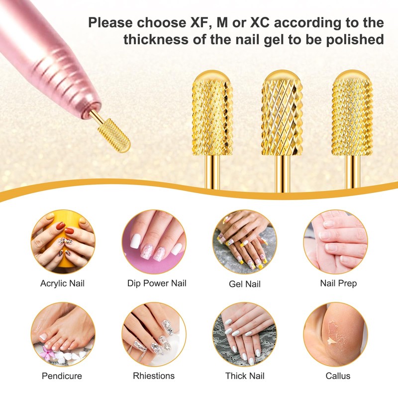 Telooco 3Pcs Gold Safety Nail Drill Bits Round Head Barrel