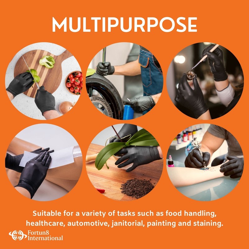 F8 Disposable Nitrile Examination Gloves, Size LARGE and BLACK, Latex