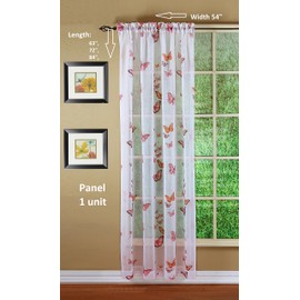 Today's Curtain Butterflies Print Semi Sheer Panel, 72", Pink, 54W x 72L