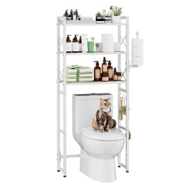Simple Trending Over The Toilet Storage Rack with Toilet Paper Holder, Heavy Duty Metal 3 Tier Bathroom Organizer Shelf with 3 Hooks, White