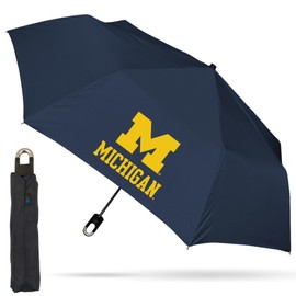 Storm Duds Mini Compact Storm Umbrella - Michigan Wolverines Logo 42” Coverage, Folds to 11 Inches- Swivel Clip on Handle - Water, Wind & Rust Resistant, and Flexible Frame