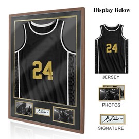 ASmileIndeep Jersey Frame Display Case, Large Shadow Box with 98% UV Protection Acrylic, Two Photo Frame One Signature Jersey Frame for Baseball Basketball Hockey Uniform, Rustic Brown