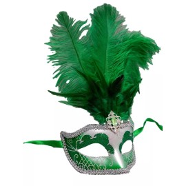 Elegance Mask Bright Green Silver Feather Venetian Mask Masquerade Mardi Gras Jewel Gem 12"