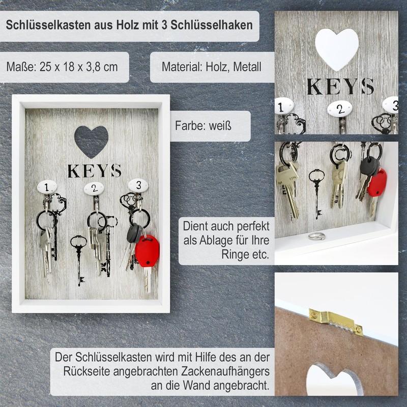 COM-FOUR® Wooden Key Cabinet with 3 Key Hooks, 25 x