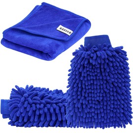 SYCEES 2-Piece Waterproof Microfibre Car Wash Mitt and 1-Piece Microfibre Cloth Set, Soft Coral Car Chenille Wash Mitt