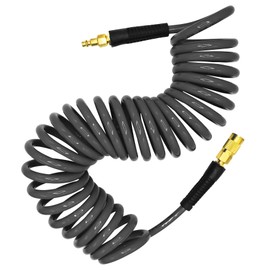 YOTOO Polyurethane Recoil Air Hose 3/8" Inner Diameter by 25' Long with Bend Restrictor, Repairable 1/4" Industrial Quick Coupler and Plug, Gray