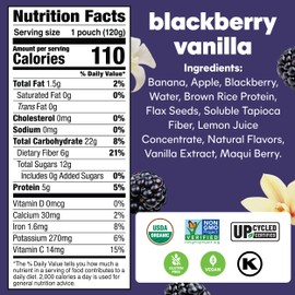 Noka Superfood Fruit Smoothie Pouches, Blackberry Vanilla, Healthy Snacks with Flax Seed, Plant Protein and Prebiotic Fiber, Vegan and Gluten Free Snacks, Organic Squeeze Pouch, 4.22 oz, 6 Count