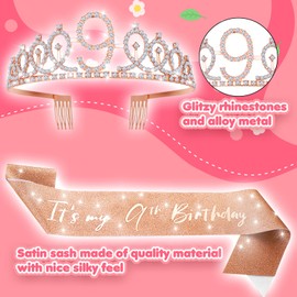 Abeillo 9th Birthday Girl Sash and Tiara, Rose Gold Its My 9th Birthday Sash and Crown, Birthday Crown for Birthday Gift Party Supplies and Decoration 9th Birthday Party Favor Supplies