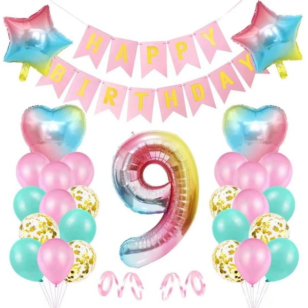 RKMYTR Rainbow Number Balloons,9th Iridescent Party Decorations for Birthday,Confetti and